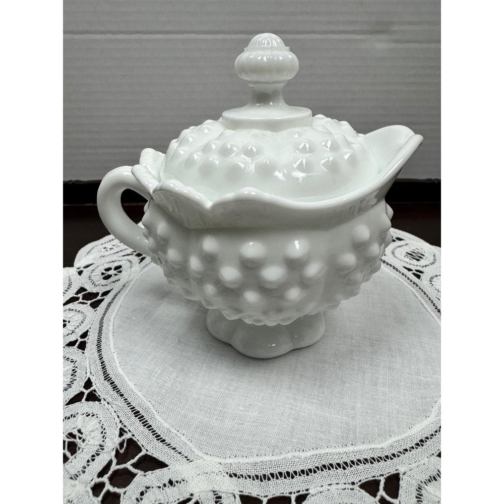 Fenton White Milk Glass Hobnail Sugar Bowl with Lid Vintage Pedestal Creamer